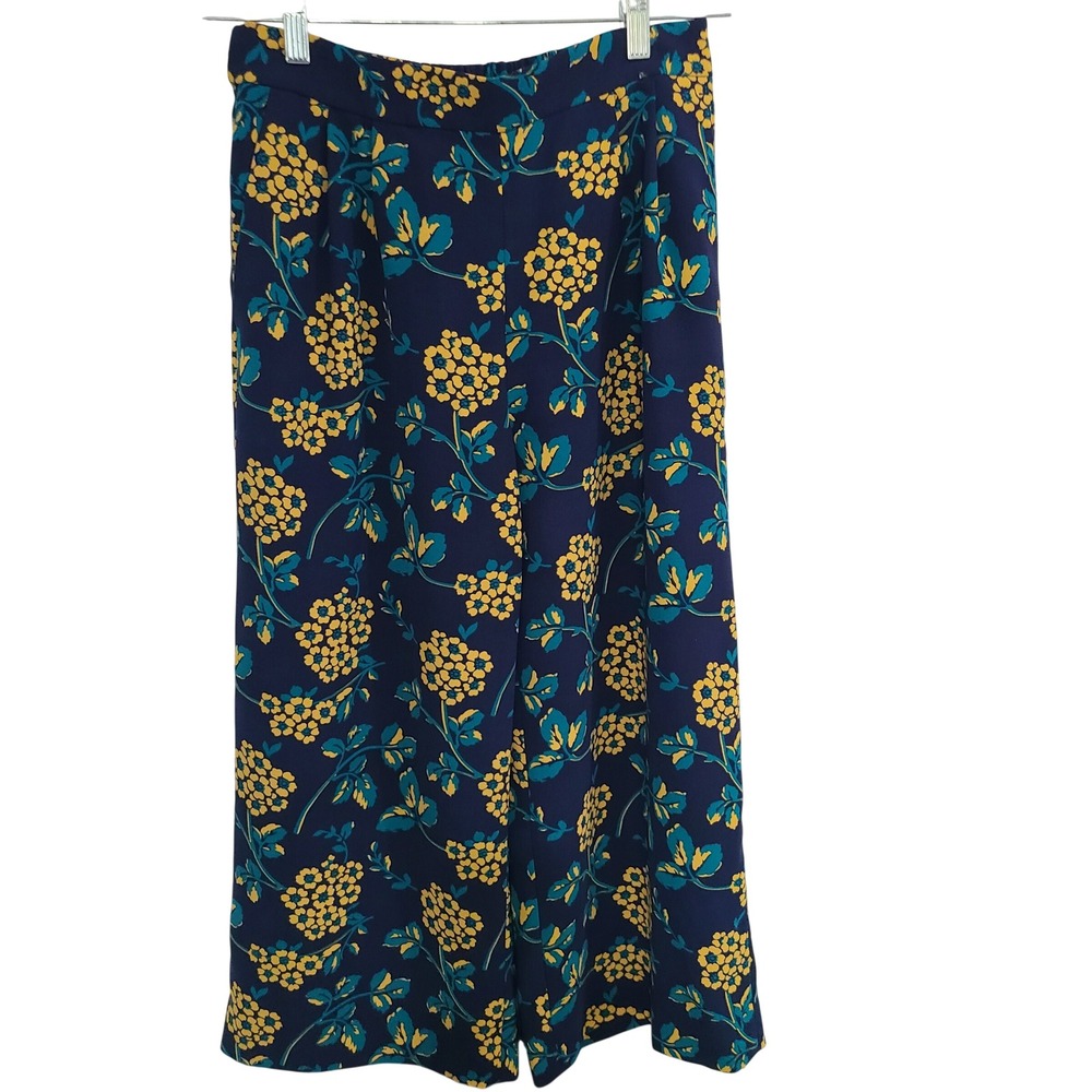 J.Crew Navy Floral Crepe Elastic Waist Capri‎ Size 6 Teal Yellow